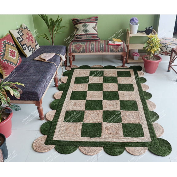 Chouhan Rugs Natural Jute Scalloped Box Design Rug Bohemian Rug Decor Rug Handwoven Rug Custom Rug Decorative Rug
