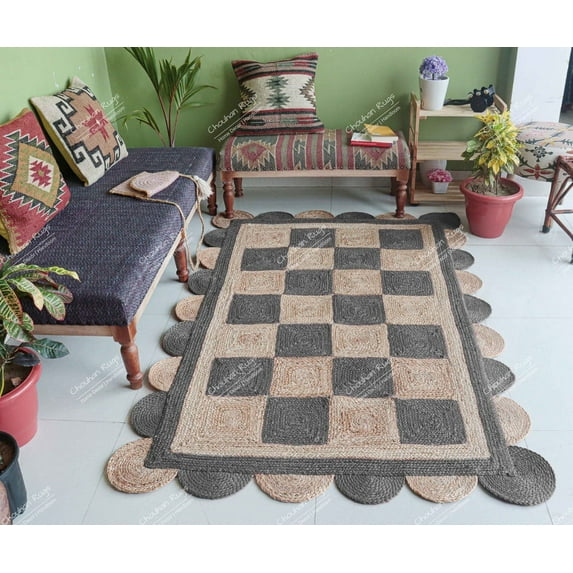 Chouhan Rugs Natural Jute Scalloped Box Design Rug Bohemian Rug Decor Rug Handwoven Rug Custom Rug Decorative Rug