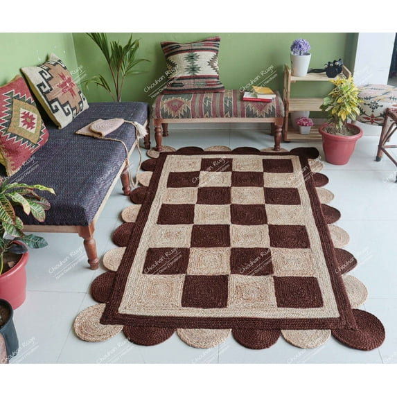 Chouhan Rugs Natural Jute Scalloped Box Design Rug Bohemian Rug Decor Rug Handwoven Rug Custom Rug Decorative Rug