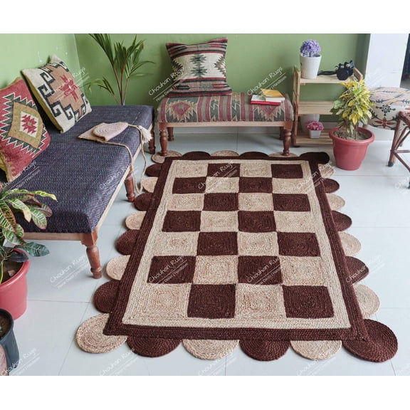 Chouhan Rugs Natural Jute Scalloped Box Design Rug Bohemian Rug Decor Rug Handwoven Rug Custom Rug Decorative Rug