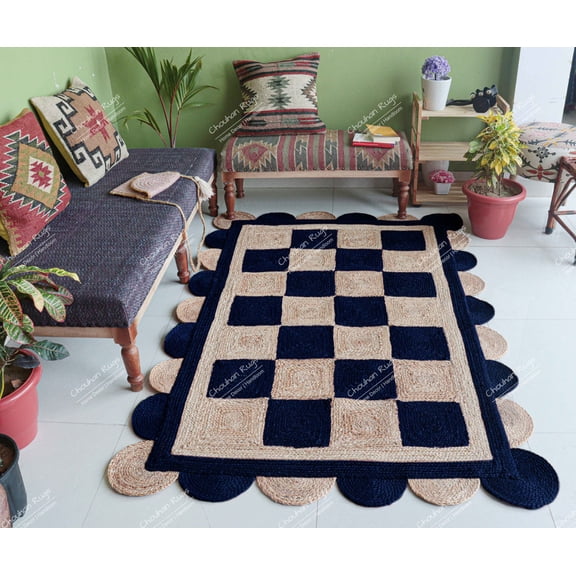 Chouhan Rugs Natural Jute Scalloped Box Design Rug Bohemian Rug Decor Rug Handwoven Rug Custom Rug Decorative Rug