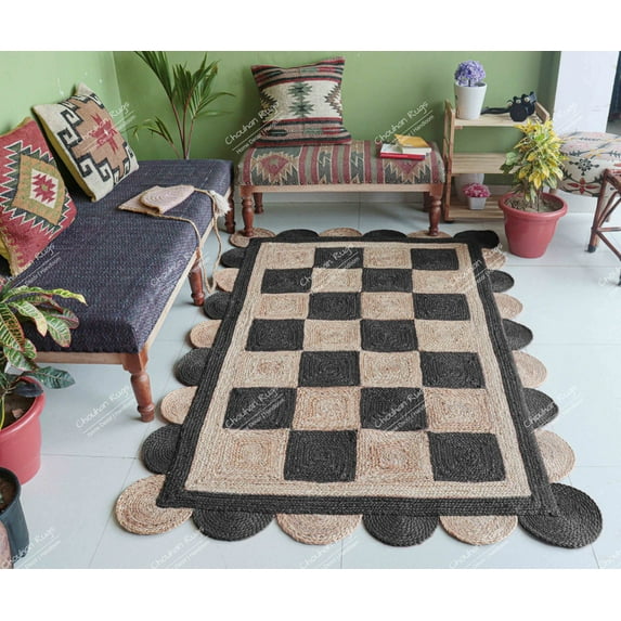 Chouhan Rugs Natural Jute Scalloped Box Design Rug Bohemian Rug Decor Rug Handwoven Rug Custom Rug Decorative Rug