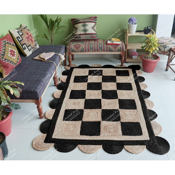 Chouhan Rugs Natural Jute Scalloped Box Design Rug Bohemian Rug Decor Rug Handwoven Rug Custom Rug Decorative Rug