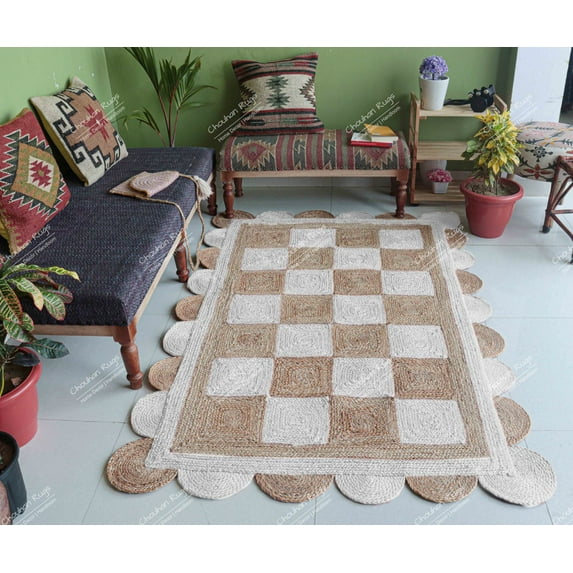 Chouhan Rugs Natural Jute Scalloped Box Design Rug Bohemian Rug Decor Rug Handwoven Rug Custom Rug Decorative Rug