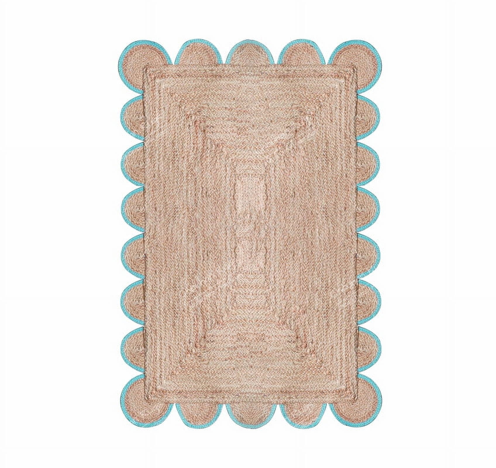 Chouhan Rugs Natural Jute Turquoise Scalloped Rug Bohemian Rug Decor Rug Handwoven Rug Custom Rug Decorative Rug