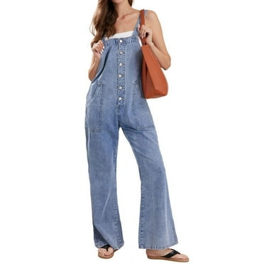 Chouyatou Casual Denim Jumpsuit for Women Overalls Wide Leg Jumpsuit Jeans Denim Bib Overalls Dungaree Pockets