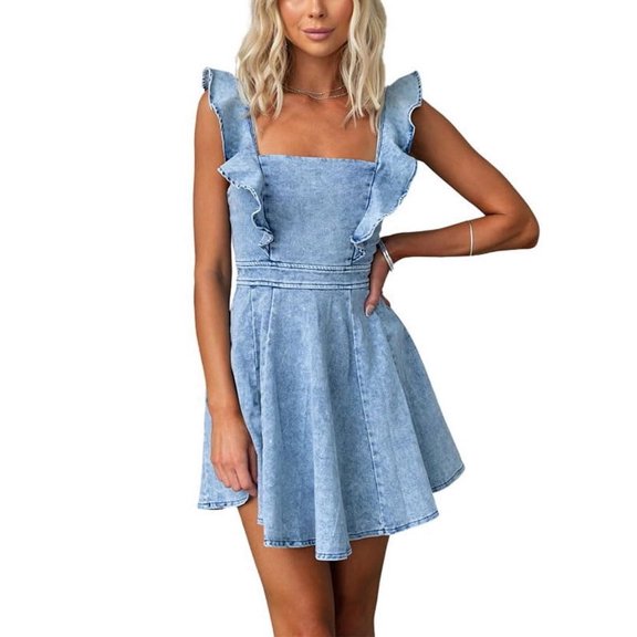 Chouyatou Denim Dress for Women Ruffle Adjustable Strap Sleeveless Backless Babydoll Mini Jean Dresses
