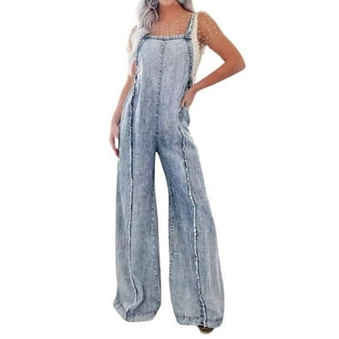 Chouyatou Denim Overalls for Women Casual Adjustable Straps Wide Leg Raw Hem Jeans Bib Overalls Jumpsuits