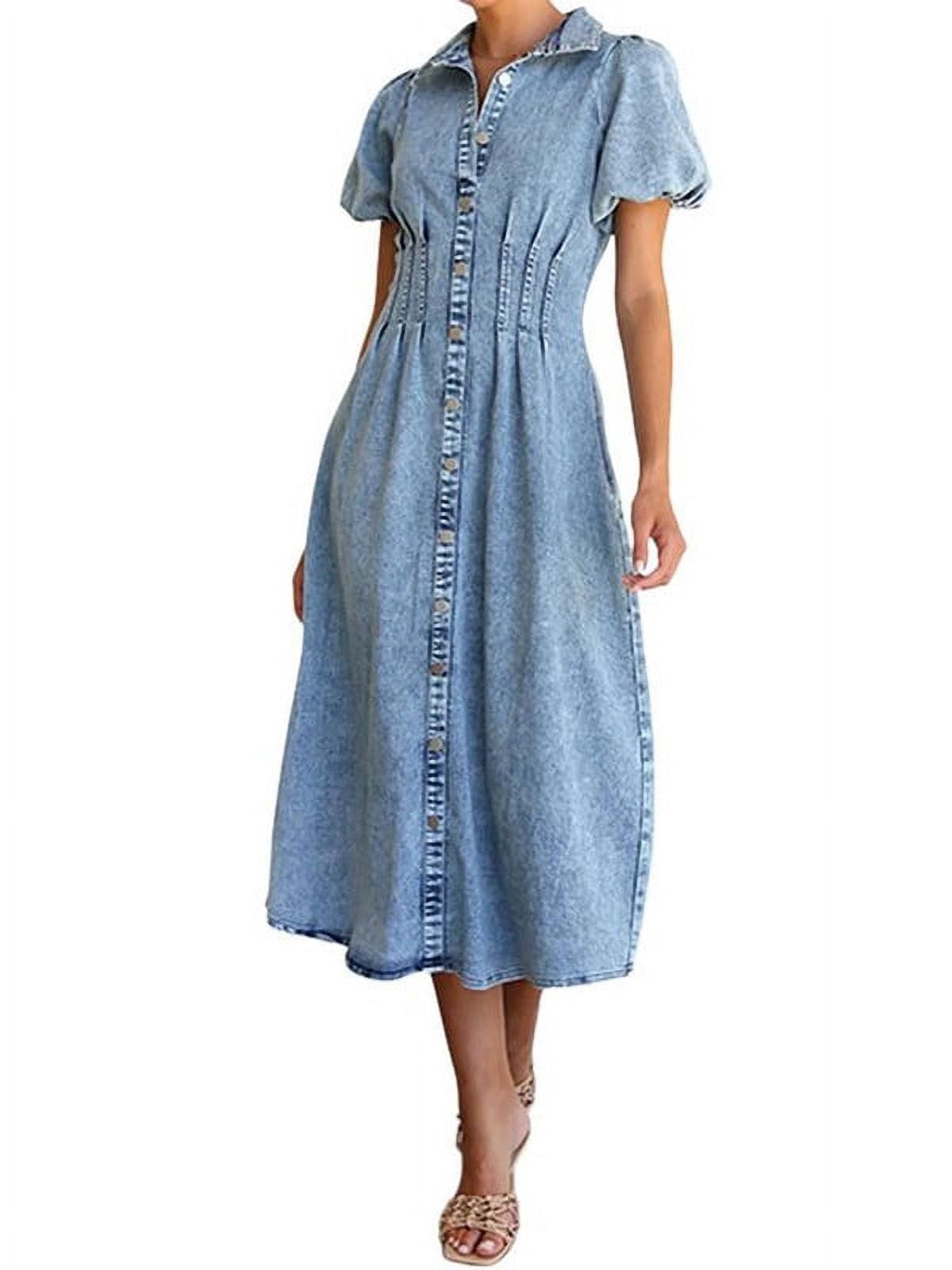 Chouyatou Women's High Waist Square Neck Denim Dress - Short Sleeve Tiered Mini Smocked Dress - View #3