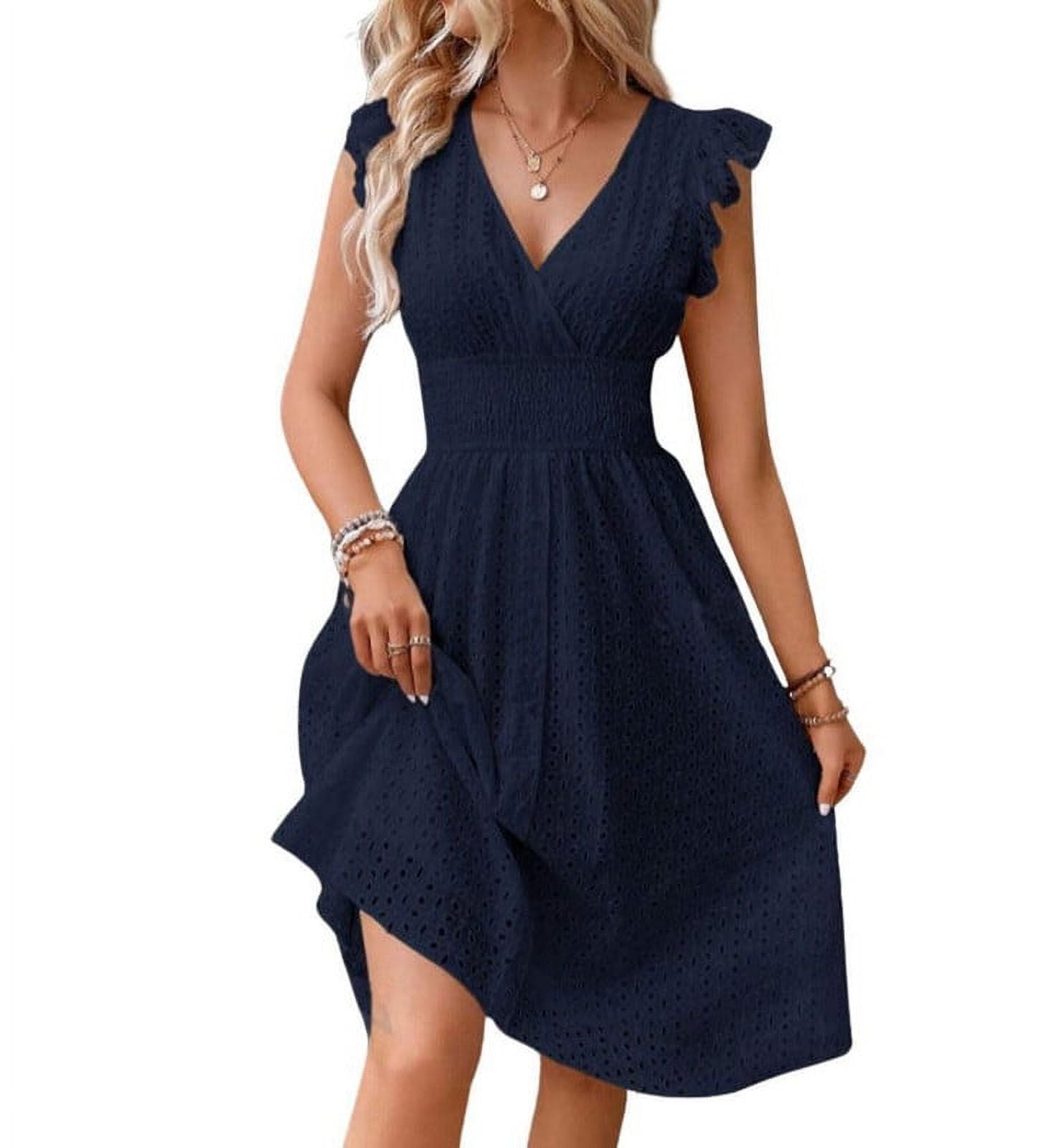 Chouyatou Women's High Waist Square Neck Denim Dress - Short Sleeve Tiered Mini Smocked Dress - View #2