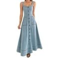 thumbnail image 1 of Chouyatou Women's Adjustable Strap Midi Long Denim Dress 2024 Button Down A-Line Swing Flowy Jean Dress, 1 of 6
