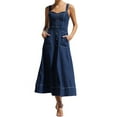 thumbnail image 1 of Chouyatou Women's Adjustable Strap Midi Long Denim Dress 2024 Button Down A-Line Swing Flowy Jean Dress, 1 of 6