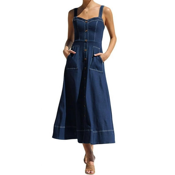 Chouyatou Women's Adjustable Strap Midi Long Denim Dress 2024 Button Down A-Line Swing Flowy Jean Dress