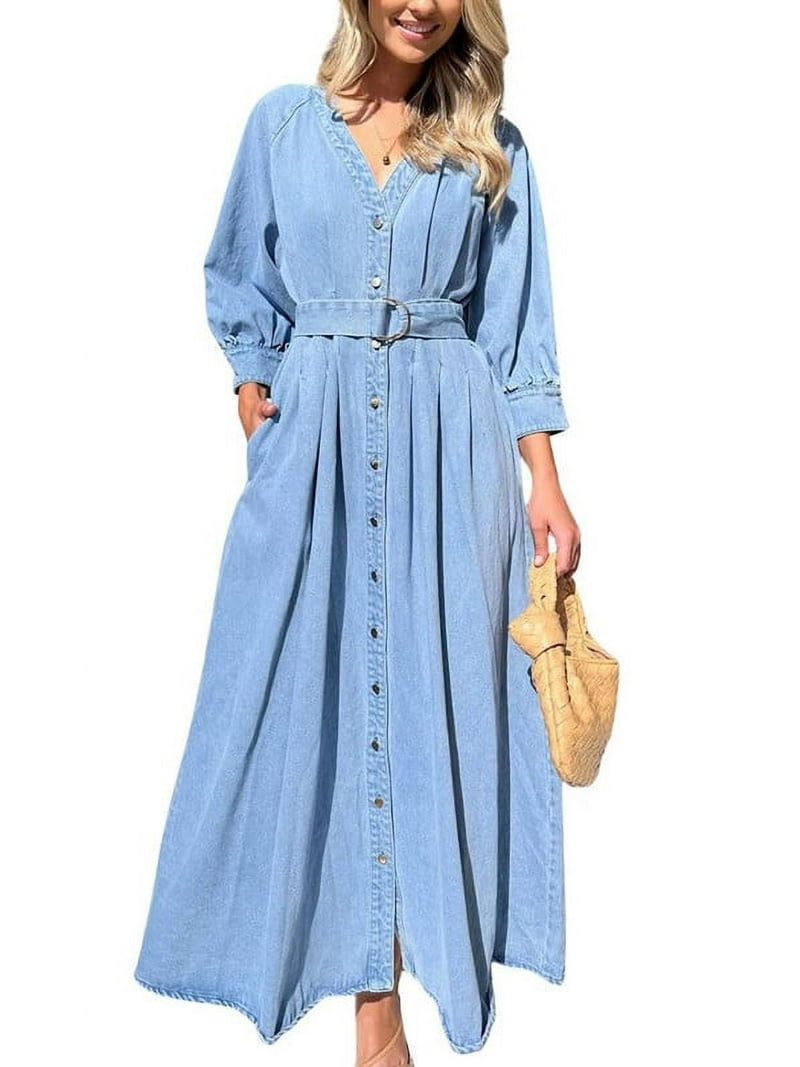 white christmas dresses Long Sleeve Fit Flare Denim Dress main image 1