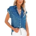 thumbnail image 1 of Chouyatou Women's Casual Distressed Button Down Sleeveless Denim Jean Shirt Tops, 1 of 4