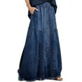 thumbnail image 1 of Chouyatou Women's Casual Elastic Waist Frayed Hem A-Line Distressed Hippie Long Maxi Denim Skirt with Pockets(Dark Blue,X-Small), 1 of 2