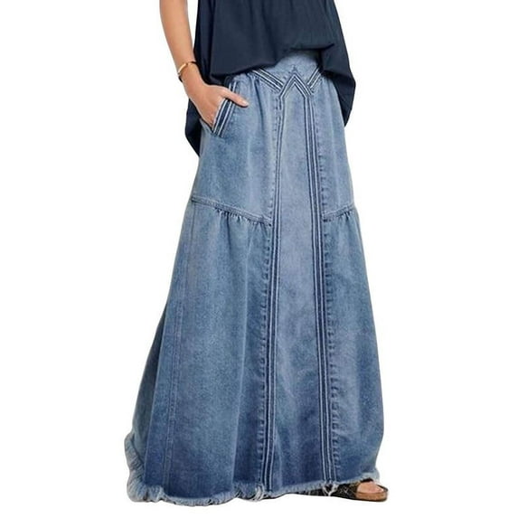 Chouyatou Women's Casual Elastic Waist Frayed Hem a-Line Distressed Hippie Long Maxi Denim Skirt with Pockets(Blue,Medium)