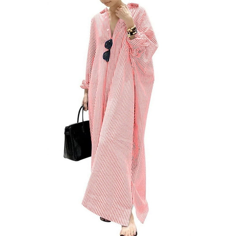 Chouyatou Women s Casual Long Sleeve Button Down Loose Striped Cotton Maxi Shirt Dress