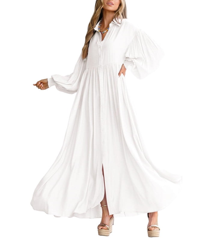 Chouyatou Women's Casual Long Sleeve Button Down Loose Striped Cotton Maxi Shirt Dress