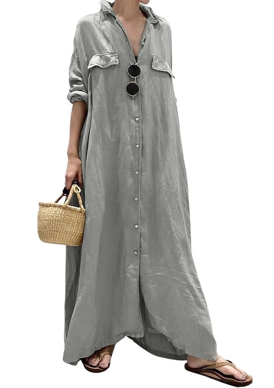 Chouyatou Women's Casual Long Sleeve Maxi Shirt Dress Loose Fit Cotton — free download