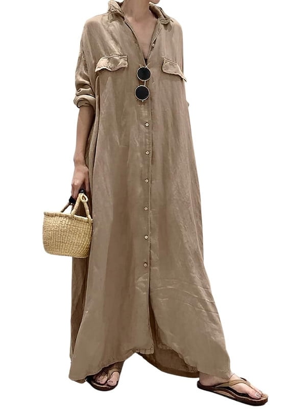 Chouyatou Women's Casual Long Sleeve Maxi Shirt Dress Loose Fit Cotton ...