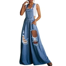 Chouyatou Women's Casual Loose Denim Cotton Overalls Stretch Adjustable Strap Wide Leg Bib Jean Overalls Jumpsuit Pants with Pockets(Rip Blue,XX-Large)