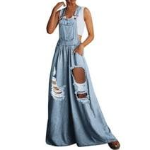 Chouyatou Women's Casual Loose Denim Overalls Adjustable Strap Wide Leg Bib Jean Overalls Jumpsuit with Pockets