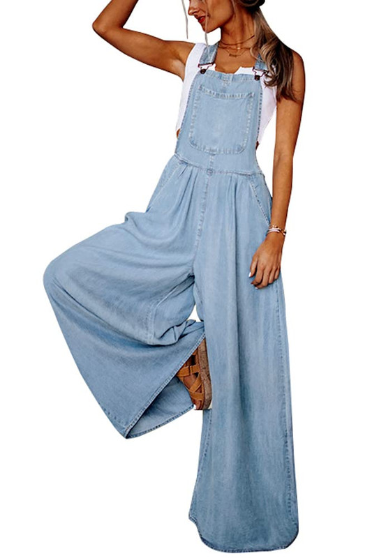 Women's Baggy Denim Overalls - Printed Pocket, Adjustable Straps, Wide Leg Jumpsuit, Casual Summer Outfit