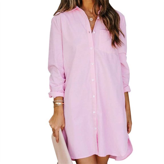 Chouyatou Women's Casual Loose Fit Long Sleeve Solid Striped Button Down Shirts Dresses