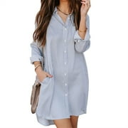 Chouyatou Women's Casual Loose Fit Long Sleeve Solid Striped Button Down Shirts Dresses