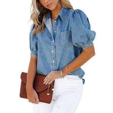 Chouyatou Women's Casual Washed Distressed Puff Sleeve Denim Button Down Shirt Jean Jacket Coat