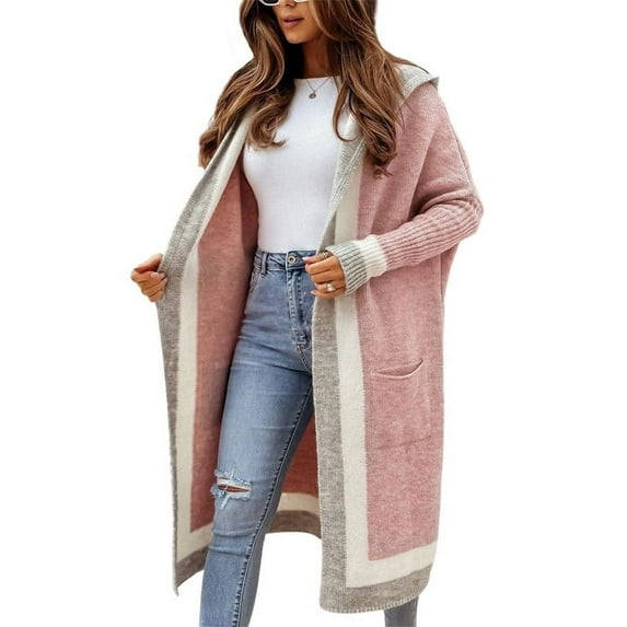 Chouyatou Women's Color Block Vertical Striped Open Front Oversized Hooded Long Cardigan Sweaters with Pockets