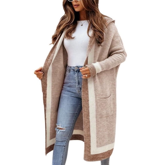 Chouyatou Women's Color Block Vertical Striped Open Front Oversized Hooded Long Cardigan Sweaters with Pockets