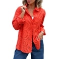 thumbnail image 1 of Chouyatou Women's Crochet Eyelet Button Down Rolled Up Long Sleeve Boho Shirt Blouse Tops, 1 of 3