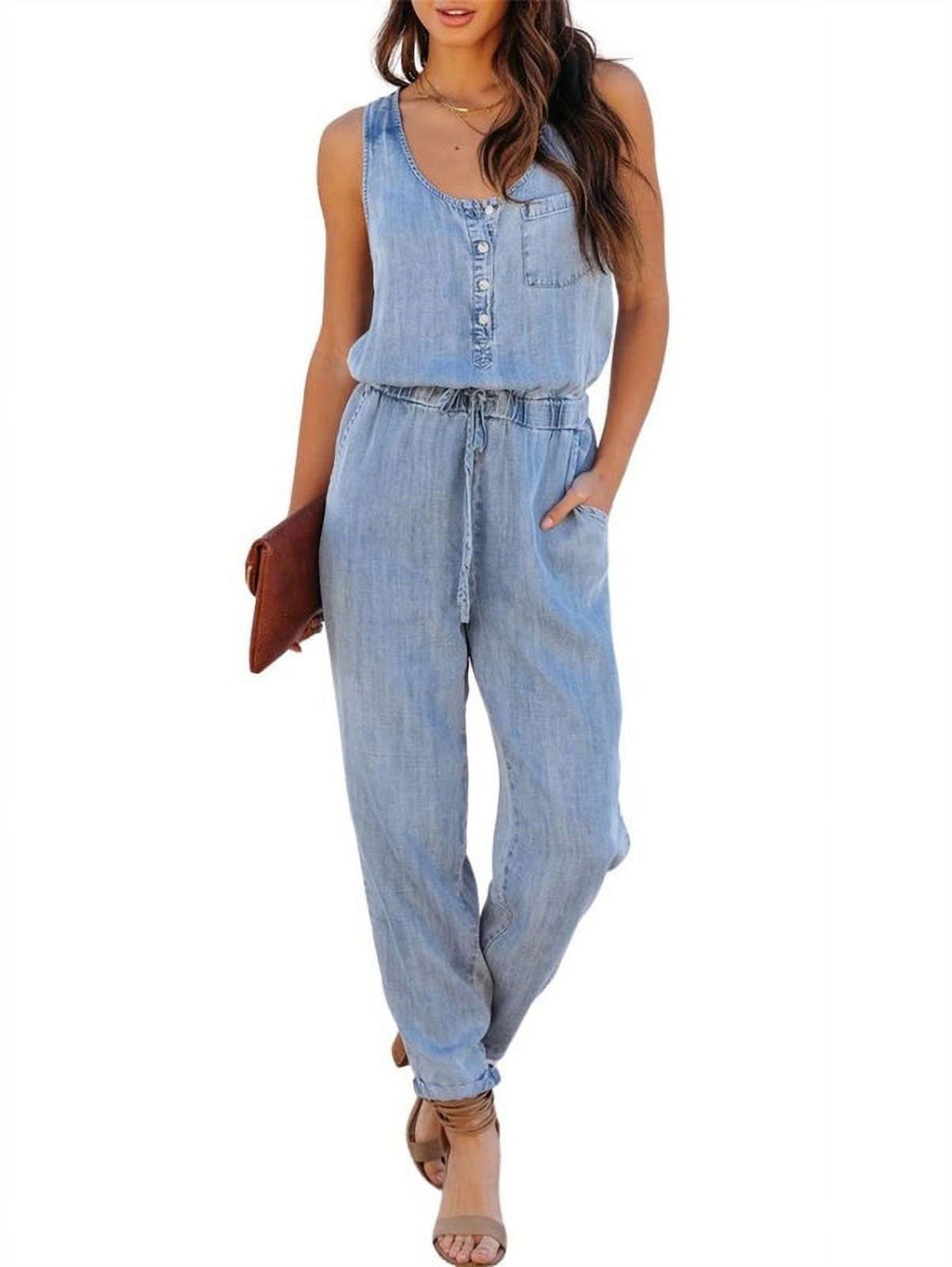 Women's Sleeveless Denim Bib Overalls Jumpsuit - Adjustable Straps, Cotton Casual Romper