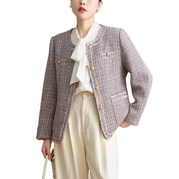 Chouyatou Women's Elegant Houndstooth Tweed Jacket Button Down Fringed Tassel Blazer Jacket Coat