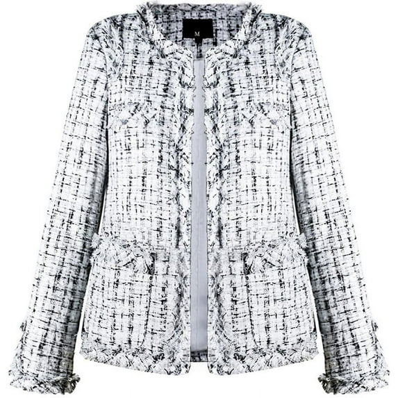 Chouyatou Women's Elegant Open Front Round Neck Fringed Plaid Checkered Tweed Jacket Fashion Casual Plaid Outerwear(Medium,White)