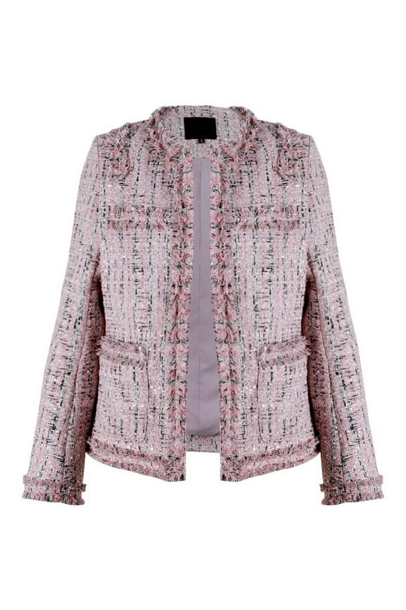 Women's Elegant Open Front Round Neck Fringed Plaid Checkered Tweed Jacket Fashion Casual Plaid Outerwear(X-Small,Pink)