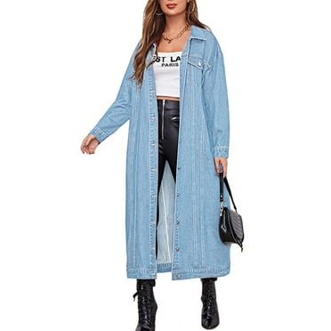 Chouyatou Women's Fashion Spring Button Down Midi Long Denim Jean Jacket Trench Coat