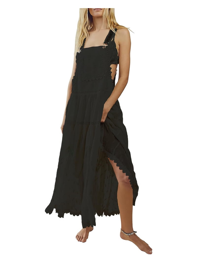 Chouyatou Women's Laced Embroidered Tulle Bib Dress Casual Loose Adjustable  Straps Maxi Dress(Black,XL) - Walmart.com