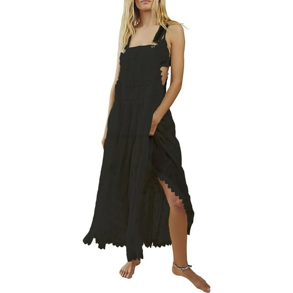 Chouyatou Women's Laced Embroidered Tulle Bib Dress Casual Loose Adjustable Straps Maxi Dress(Black,XS)
