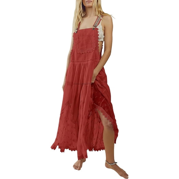 Chouyatou Women's Laced Embroidered Tulle Bib Dress Casual Loose Adjustable Straps Maxi Dress(Red,XS)