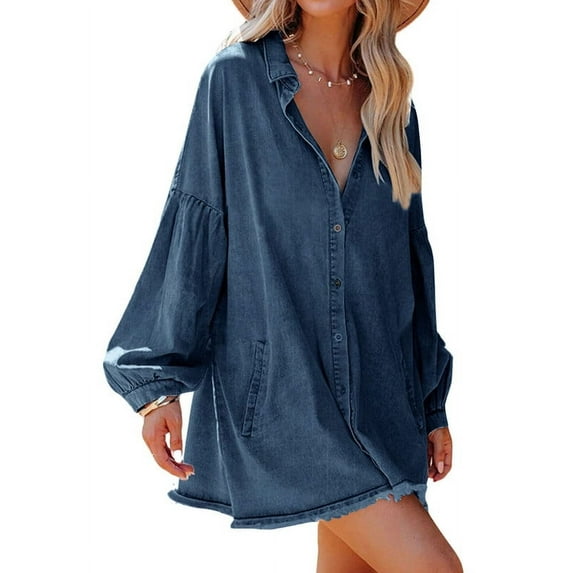 Chouyatou Women's Oversized Distressed Denim Button Down Tunic Shirt Dress with Pockets