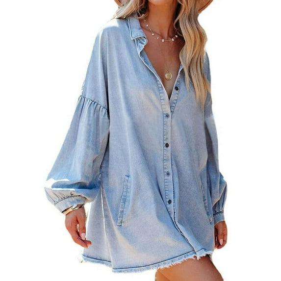 Chouyatou Women's Oversized Distressed Denim Button Down Tunic Shirt Dress with Pockets