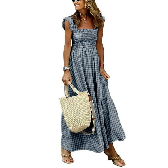 Chouyatou Women's Retro Plaid Smocked Dress Spaghetti Strap Flounce Long Dress(Black,M)