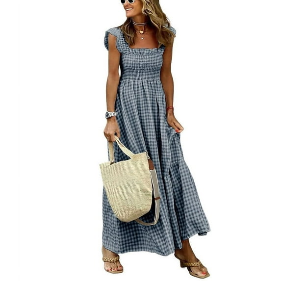Chouyatou Women's Retro Plaid Smocked Dress Spaghetti Strap Flounce Long Dress(Black,S)