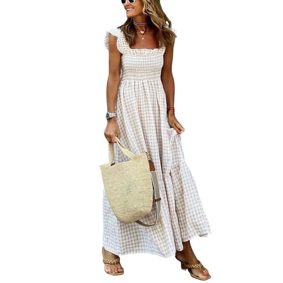 Chouyatou Women's Retro Plaid Smocked Dress Spaghetti Strap Flounce Long Dress(Khaki,M)