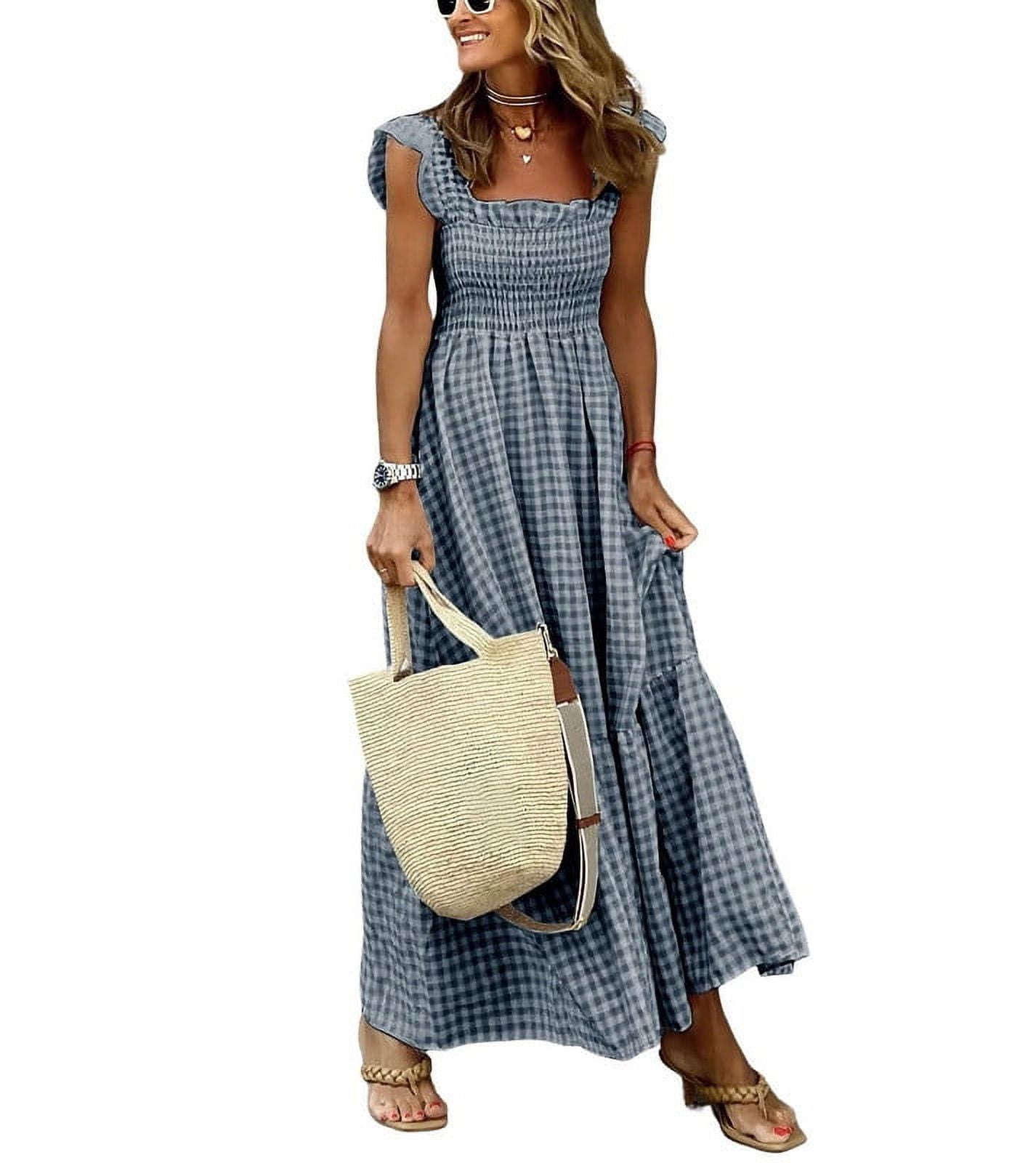 Allegra K Women's Vintage Gingham Dress Spaghetti Straps Off Shoulder Pleated Swing Plaid Dresses, Pink, S