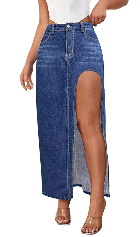 Chouyatou Women's High Waist Midi Denim Skirt - Elastic A-Line Pleated Jean Skirt For Casual Wear