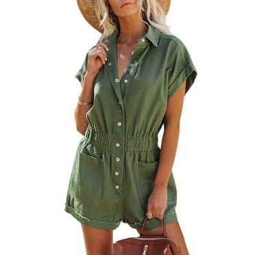 Chouyatou Women's Short Cuffed Sleeve Utility Rompers Elastic Waist Button Down Cotton Pocketed Jumpsuit(Army Green,M)